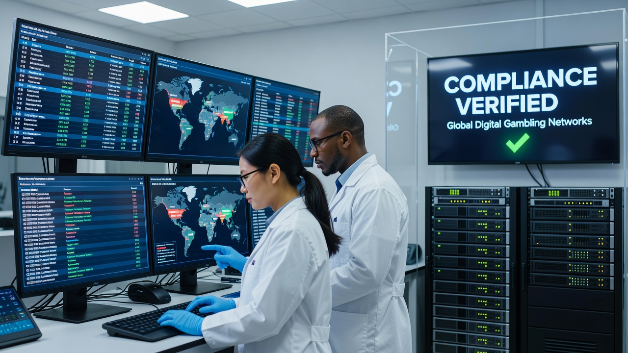 Independent lab technicians reviewing server logs and compliance documentation during a digital gambling network audit