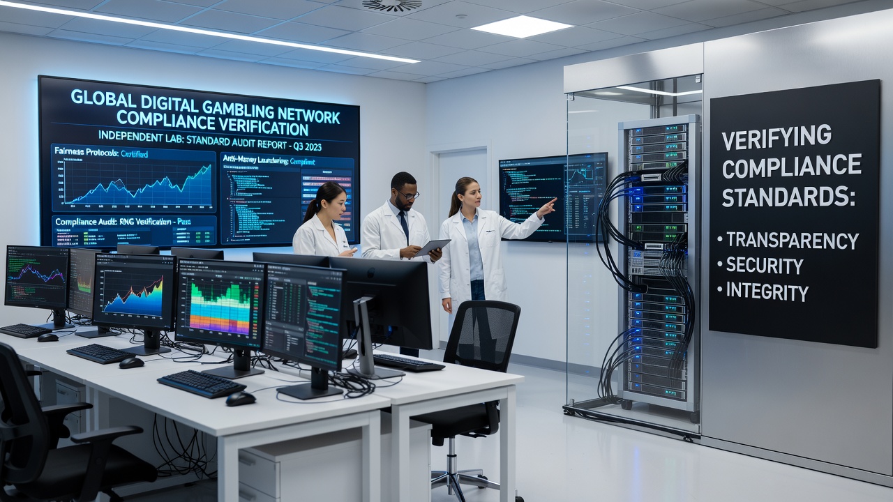 Global compliance team analyzing cross-border data encryption standards on multiple digital gambling servers